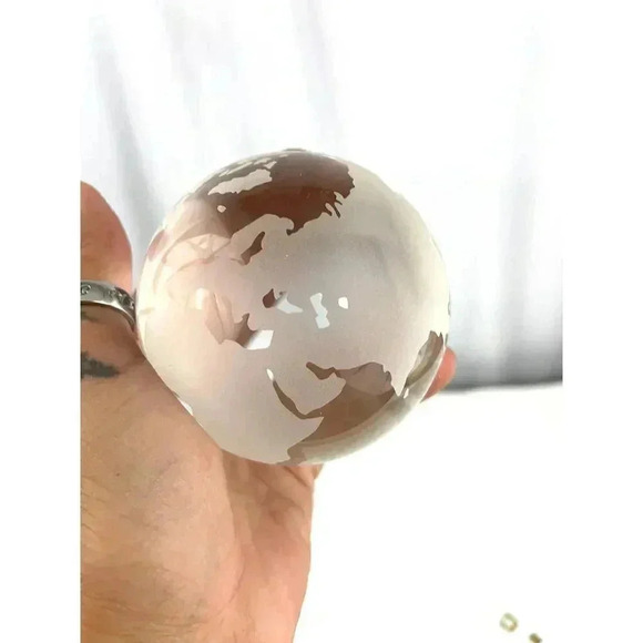 VTG Crystal Tabletop Etched Earth Globe W/Base Stand Blue Velvet Box - Picture 14 of 16